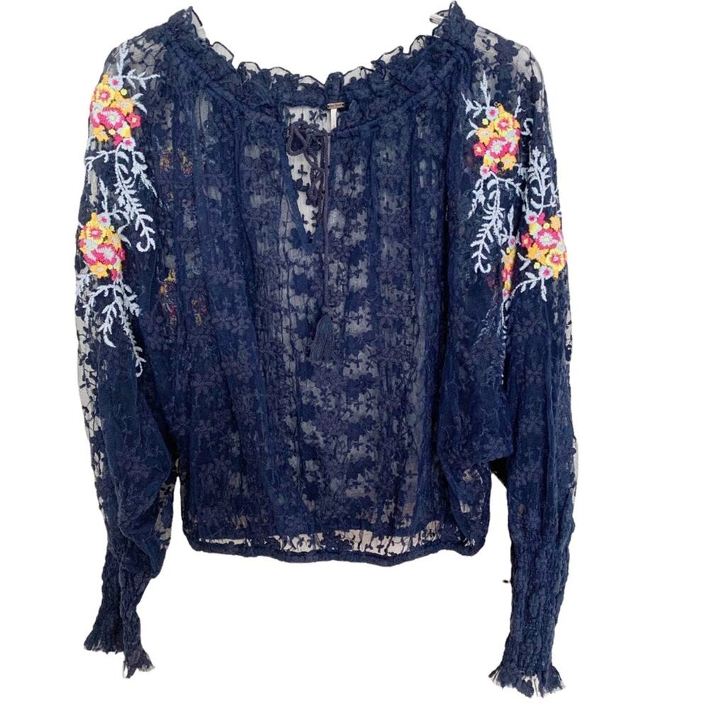 Free People Navy Jubilee Floral Lace Peasant Top Small
